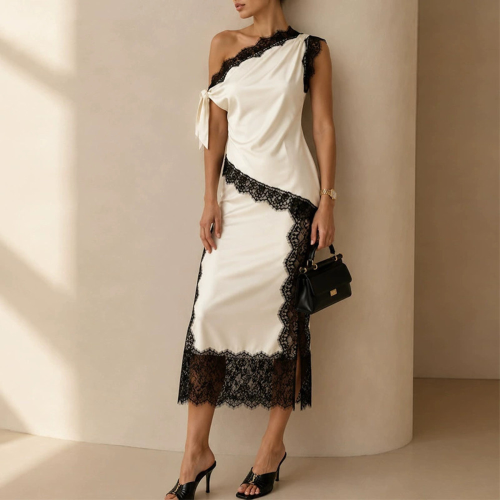 Forever 21 Elegant Slant Collar Side Slit Lace Trim Fitted Dress Suit